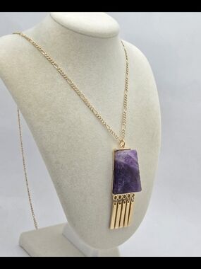 ZAD Gold Tone Raw Amethyst Slice Fringe Pendant Necklace - 31"
